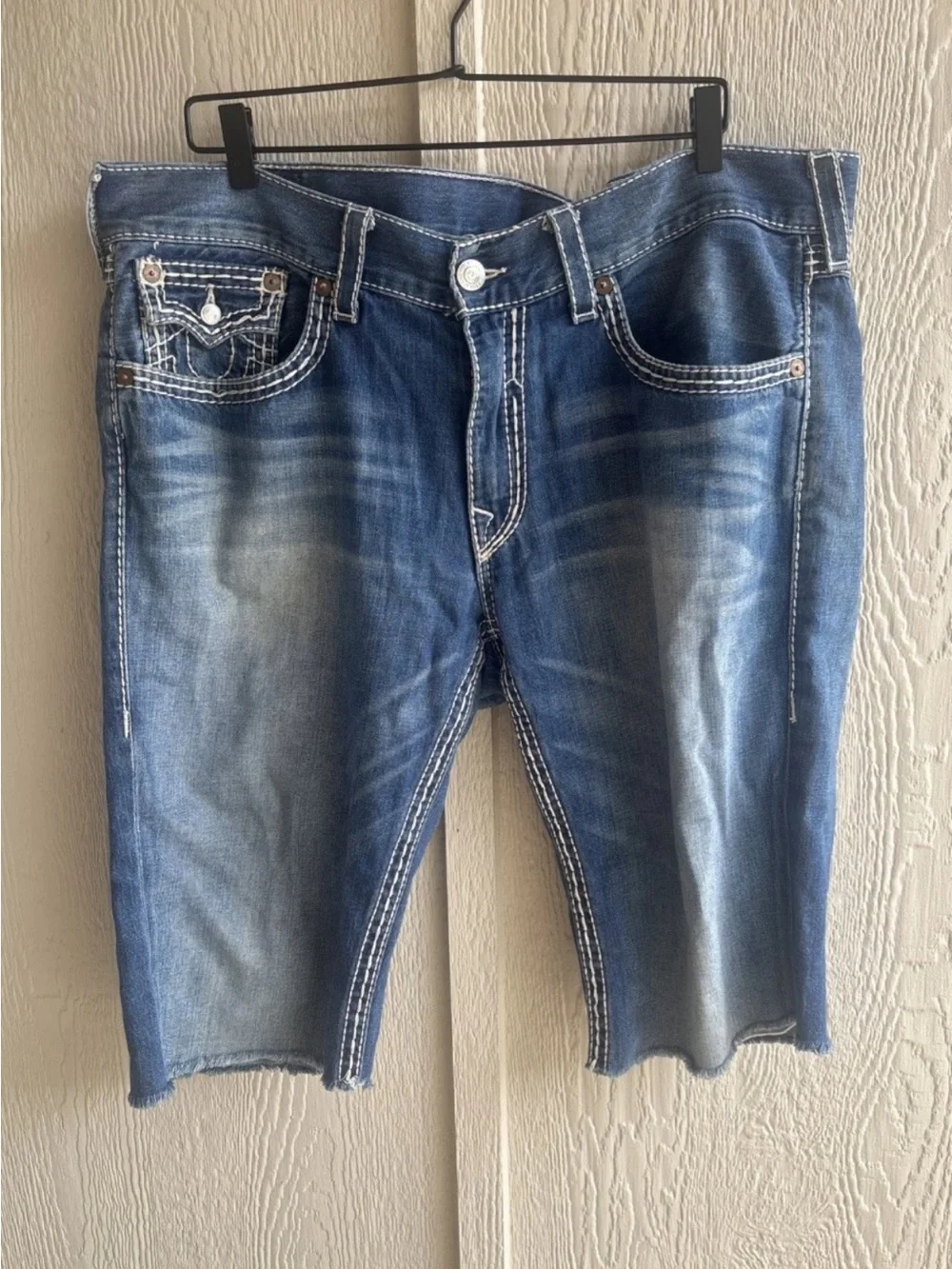 True Religion Men's Blue Distressed Jean Shorts